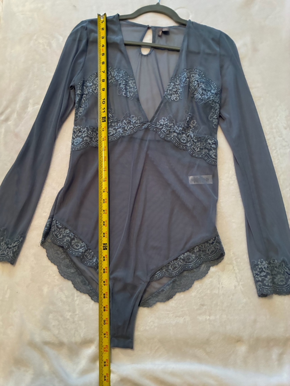 Elle Gray Lace-Trim Sheer Chemise with Long Sleeves